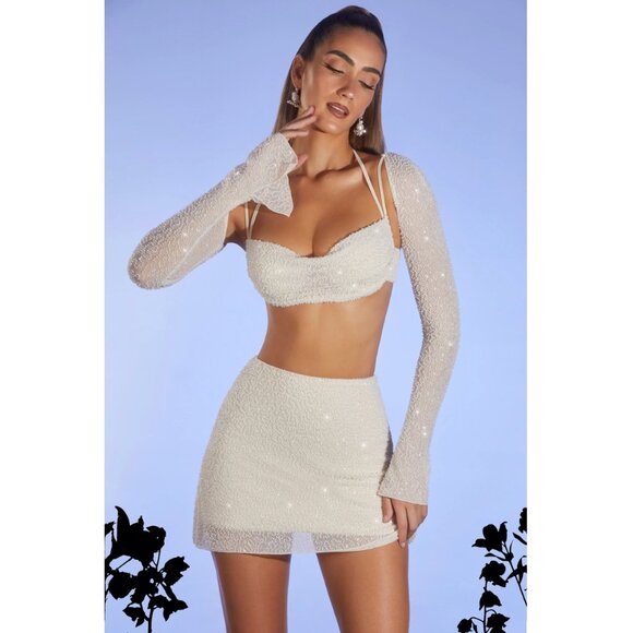 Oh Polly Lucerne Ivory Embellished Crop Top & Mini Skirt Set – US 4 - Picture 1 of 10